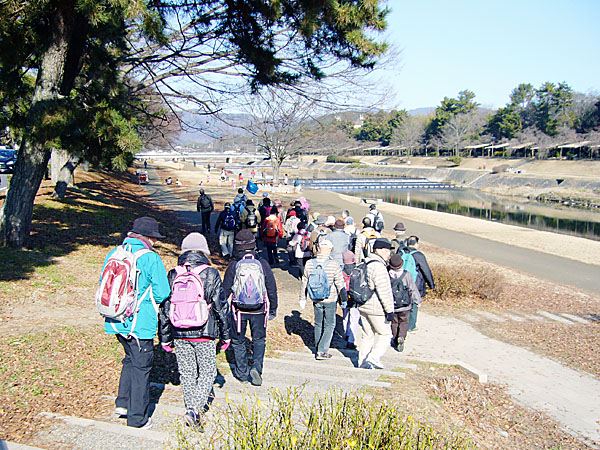 朝日を浴びて北山大橋に向かう